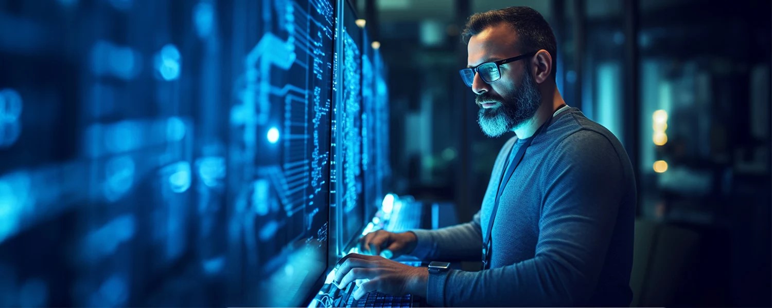 a person in glasses looking at a computer screen