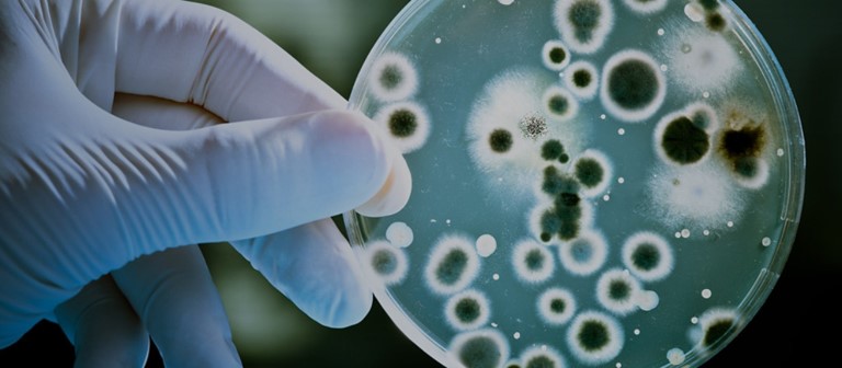 a hand holding a petri dish with white and green mold