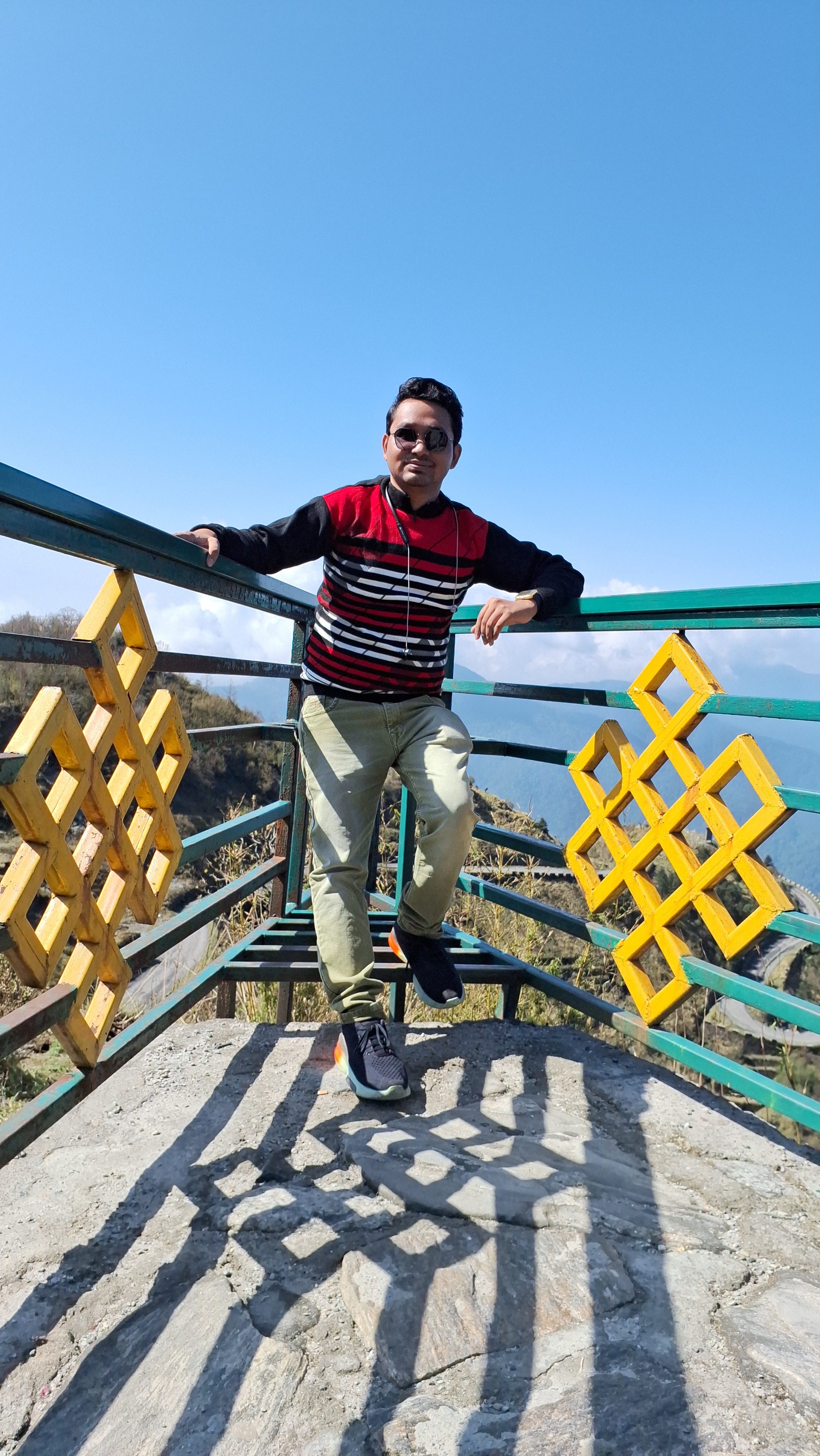 a person posing on a railing