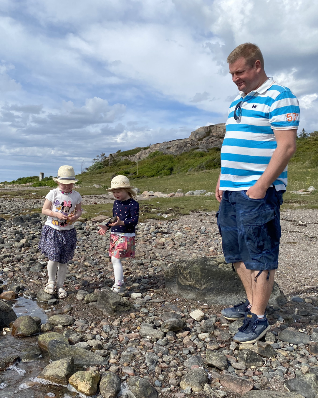 a person and two children standing on rocks